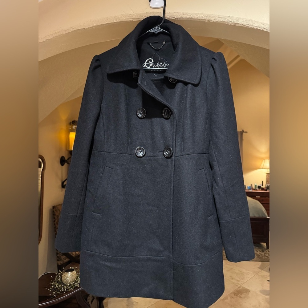Guess Women's Black Charcoal Double-Breasted Pea Coat